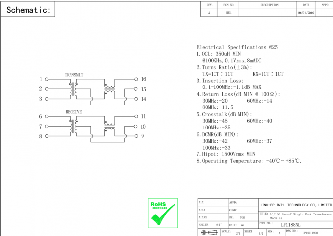 Трансформатор локальных сетей СМТ Маньетикс ЛП1102НЛ 10/100Басе-Т Лан Х1601КГ