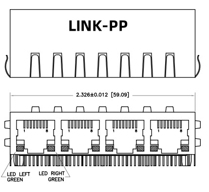 HFJ14-1G01ER-L11RL 1x4 RJ45 Fastjack с 1000base-T магнитом