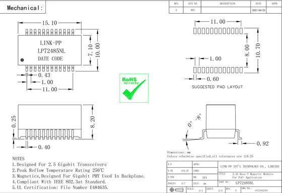 Модули LP72485NL Lan основания-T PoE+ QT24A154P 2.5G магнитные